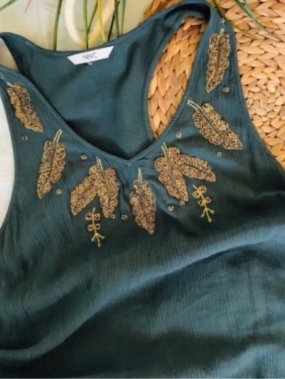 Next Green Embellished Tank Top with Gold Accents - Picture 3 of 4